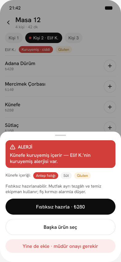 Alerji, sipariş anında yakalanır.